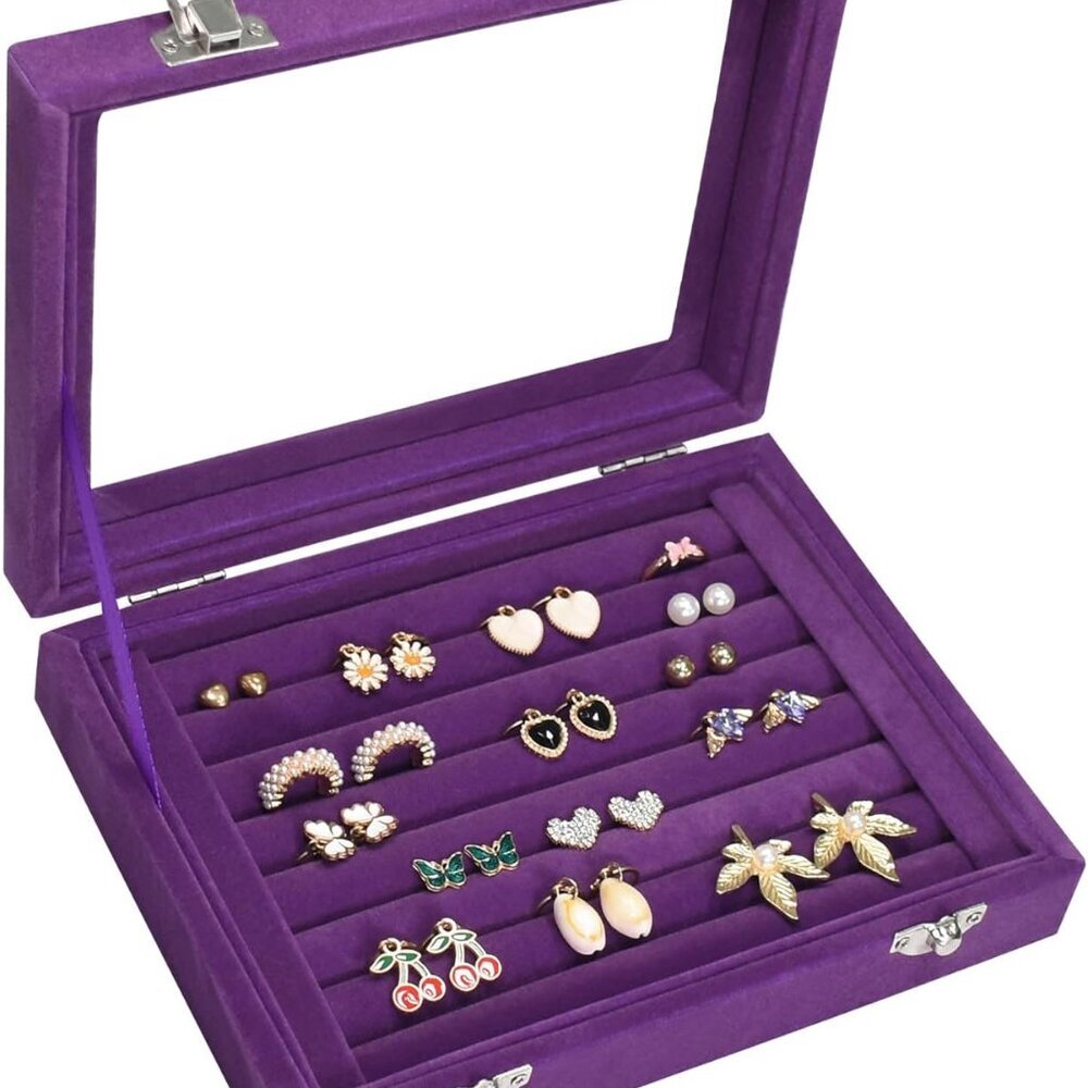 Rings Organizer Tray 7 Slots Velvet Jewelry Earring Storage Box with Transparent